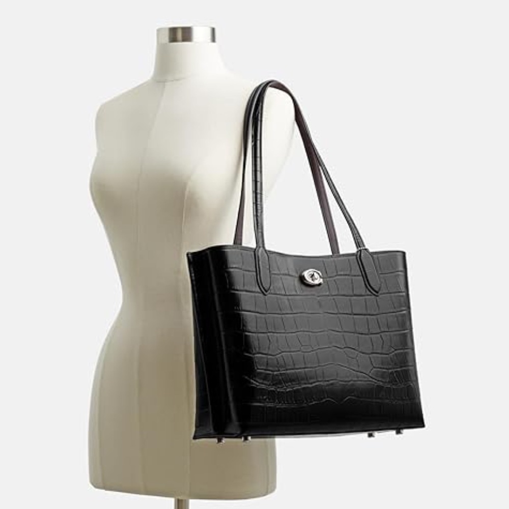 Coach Willow Tote Black Croc Embossed Leather Bag Turnlock 14” Laptop Work - Picture 2 of 8